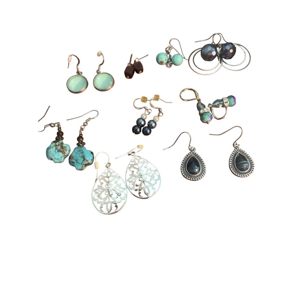 Lot 9 Pairs of Pierced Earrings Dangle Drop Silver Tone Blues Faux Pearl Estate
